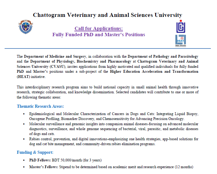 Call for Applications: Fully Funded PhD and Master's Positions | Chattogram Veterinary and Animal Sciences University